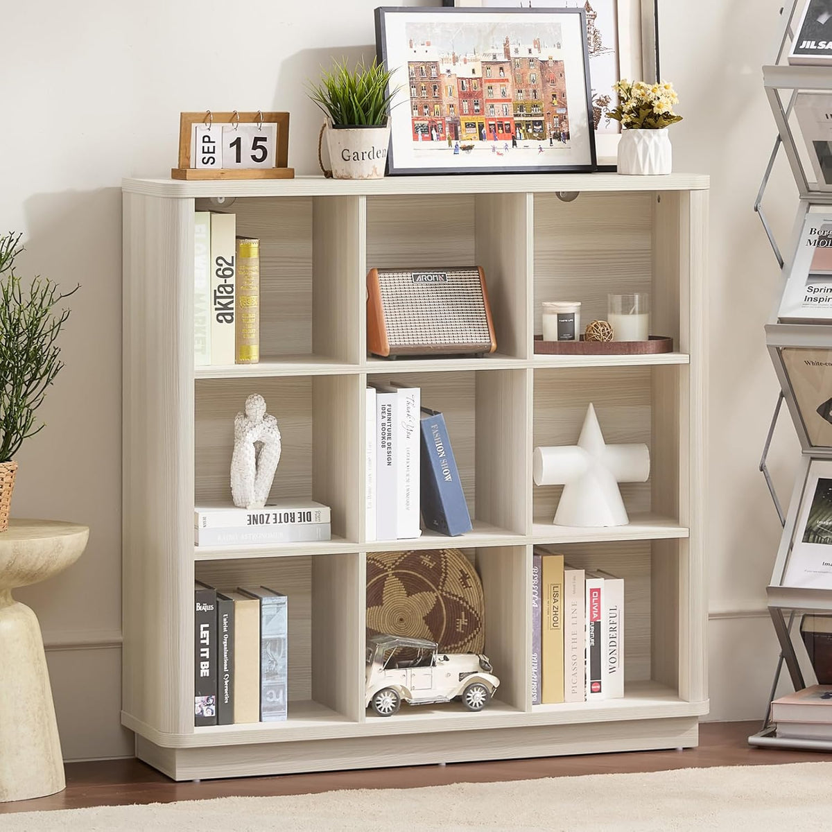 9 Cube Storage Book Shelf, 41" Tall Organizer Bookcase with Curved Edge, Wood Floor Standing 3-Tier Cubby Bookshelf with Base, Vintage Display Book Case for Bedroom, Office, White Cream Oak