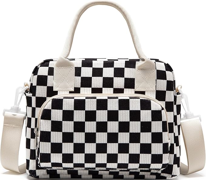 Lunch Bag Women Lunch Box for Women Adult Cute Insulated Lunch Bag Lager Cooler Lunch Tote Bags for Work Picnic (Black-White Plaid)