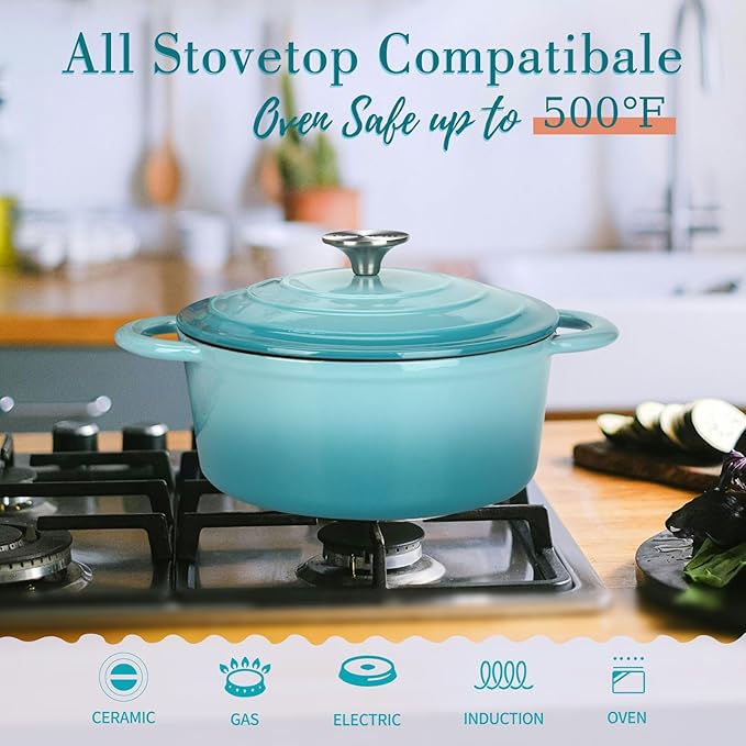 Enameled Cast Iron Dutch Oven with Lid, 6QT Heavy-Duty & Non-Stick Cookware Pot for Braising, Stews, Roasting, Bread Baking - Oven & Stovetop Safe