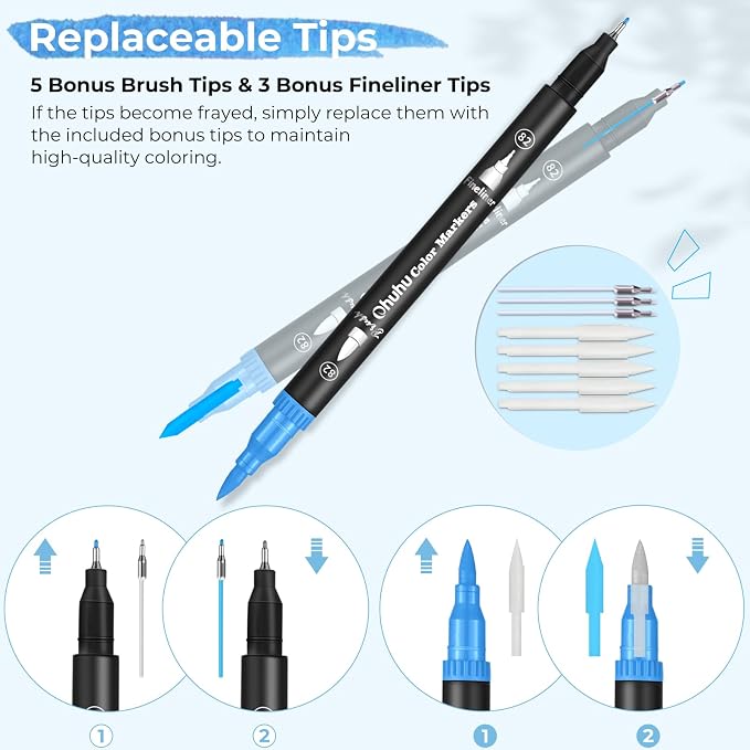 Ohuhu Markers for Adult Coloring Books No Bleeding 160 Colors Water-based Dual Tips Fineliner & Brush Coloring Markers for Kids Adults Beginners Drawing Pens for Journaling Lettering - Maui - Black