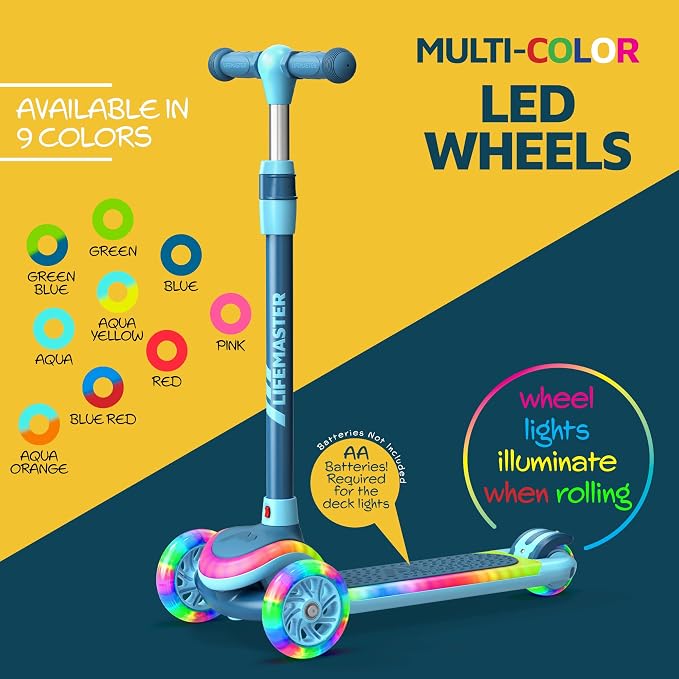 3-Wheel Kids Scooter with Multi-Color Lights on Deck & Wheels – 5-Height Adjustable Handlebar, Wide Anti-Slip Deck, Child Safety Certified, Boys & Girls Ages 3+ Supports Up to 150 lbs