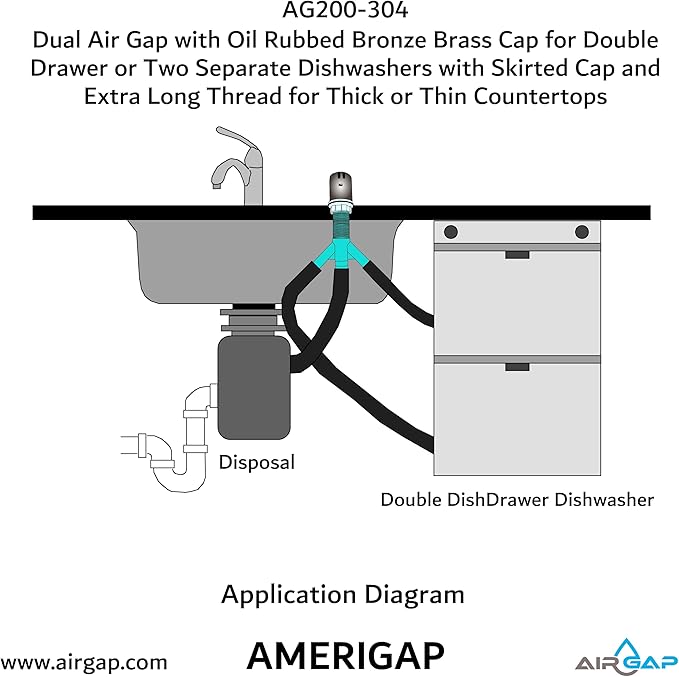 Dual Air Gap with Oil Rubbed Bronze Brass Cap for Double Drawer or Two Separate Dishwashers with Skirted Cap and Extra Long Thread for Thick or Thin Countertops (AG200-304, AG200-X04, AMERIGAP)