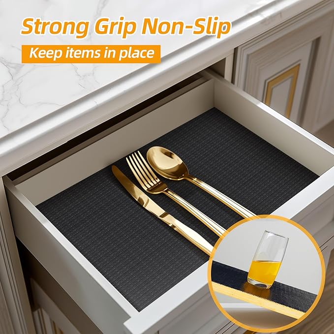 Shelf and Drawer Liner for Kitchen Cabinets Non-Adhesive, Strong Grip Non-Slip Thickened Cabinet Liners for Shelves, Waterproof Mats for Dresser Cupboard, Black, 23 in x 10 Feet