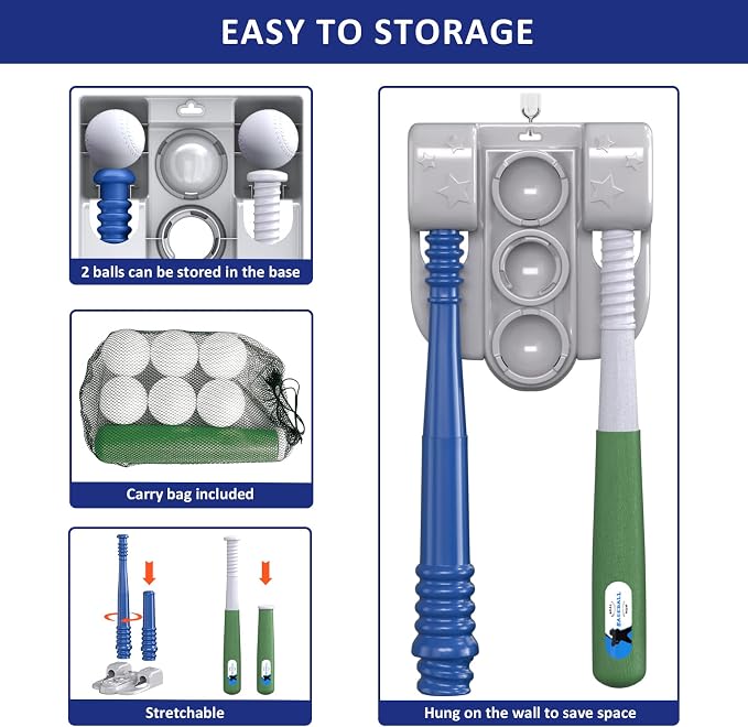 QDRAGON 2 in 1 T Ball Sets for Kids 3-5 5-8, Tee Ball Set with Automatic Pitching Machine/Adjustable Batting Bat & Stand/6 Balls, Baseball Toys Outdoor Sport for Toddlers Boys, Blue
