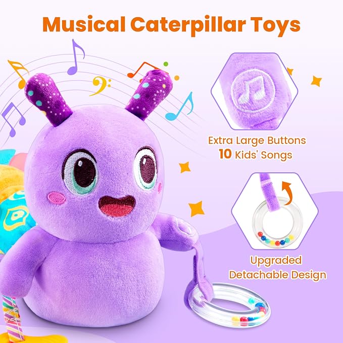 Baby Toys 0-6 Months, Washable Baby Musical Caterpillar Toys with 10 Children's Songs,Rattles,Teething Toys,Suitable for 0-6, 6-12 Months Infant Tummy Time Toy,Newborn Baby Boy&Gril Gifts(Green)