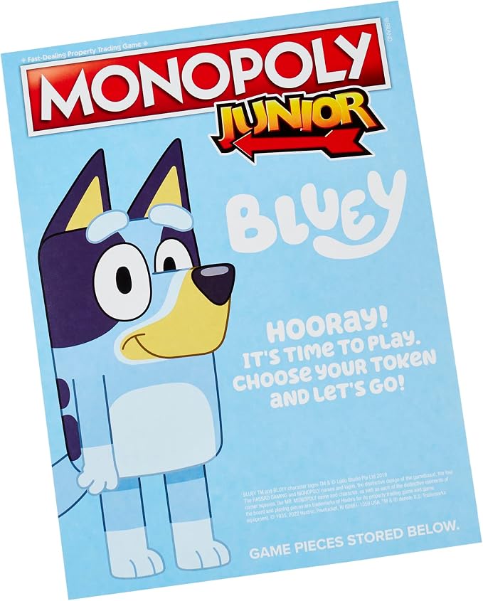 Hasbro Gaming Monopoly Junior Bluey Edition Board Game | Kids Play as Bluey, Bingo, Mum & Dad for Girls & Boys | Ages 5+ (Amazon Exclusive)