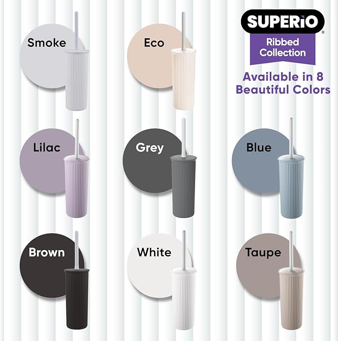 Superio Ribbed Collection - Decorative Plastic Toilet Bowl Brush and Holder Set, White Smoke (1 Pack) Cleaner Scrubber for Bathroom