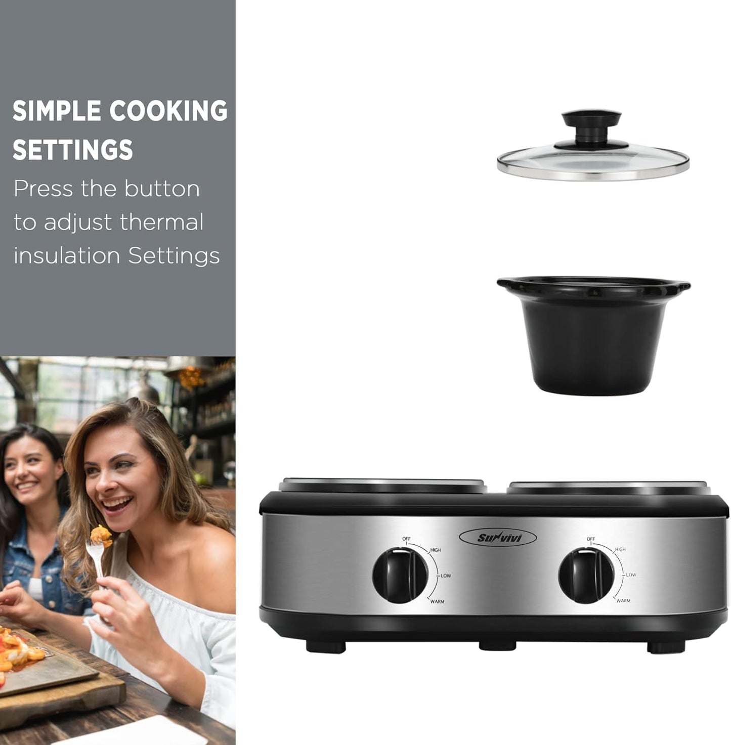 Sunvivi Dual Pot Slow Cooker, 2 Pot Small Mini Crock Buffet Server and Warmer, Upgraded Oval Ceramic Double Pot Buffet Food Warmer Adjustable Temp Glass Lid, Total 2.5 Quarts