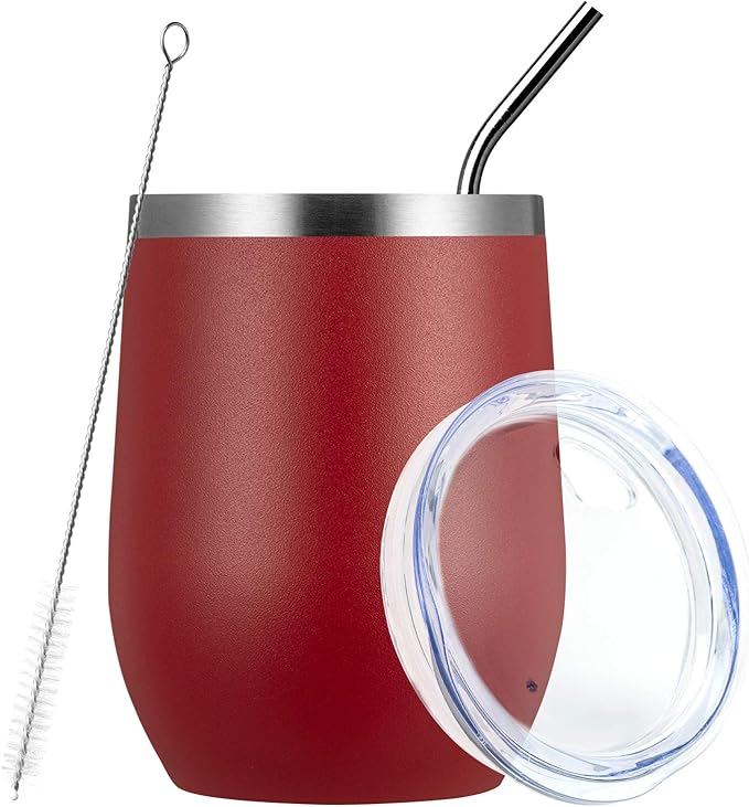 MEWAY Stemless 12oz Wine Tumbler Glasses with Lid -Insulated Double Wall Vacuum Stainless Steel Travel Tumbler with Straw,for Woman Under 10 dollars (Red,1)