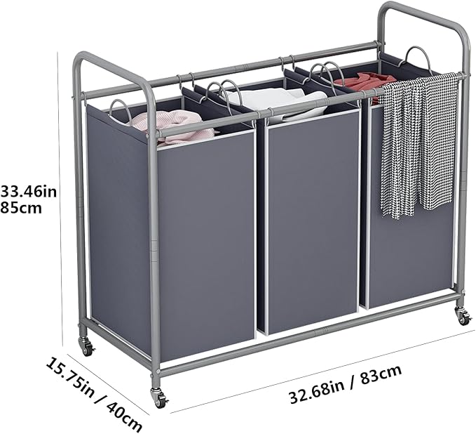 LINZINAR 3-Bag Laundry Sorter,Laundry Hamper Cart with Heavy Duty Rolling Lockable Wheels and Removable Bags (Grey)