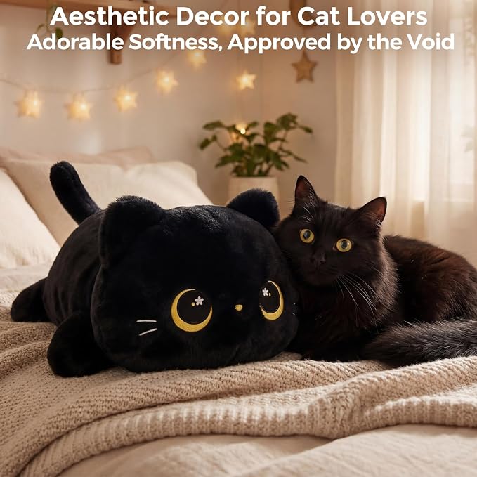 Mewaii Cute Black Cat Plush Pillow, Kawaii Plushies Black Cat Stuffed Animals, Squishy Plushies, Cuddle Plush Pillow for Kids & Girls (13 Inch)