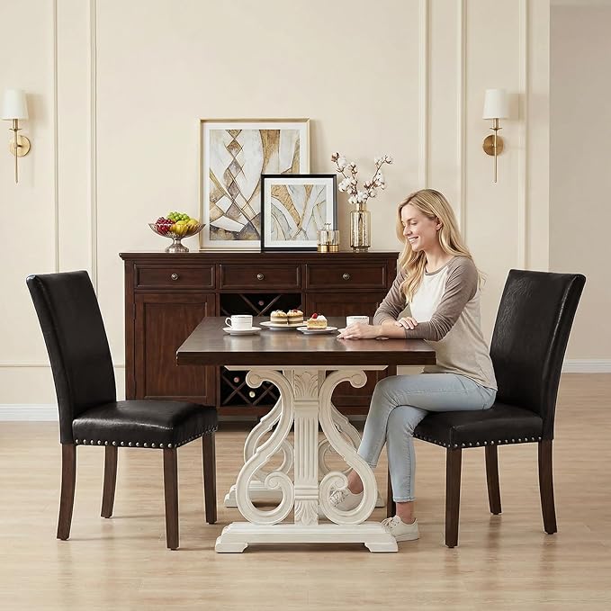 Furniliving Upholstered Dining Chairs Set of 2 - PU Leather Modern Farmhouse Kitchen Chairs, High-Back Dining Room Chairs with Wooden Legs for Kitchen Dining Room Living Room.Brown