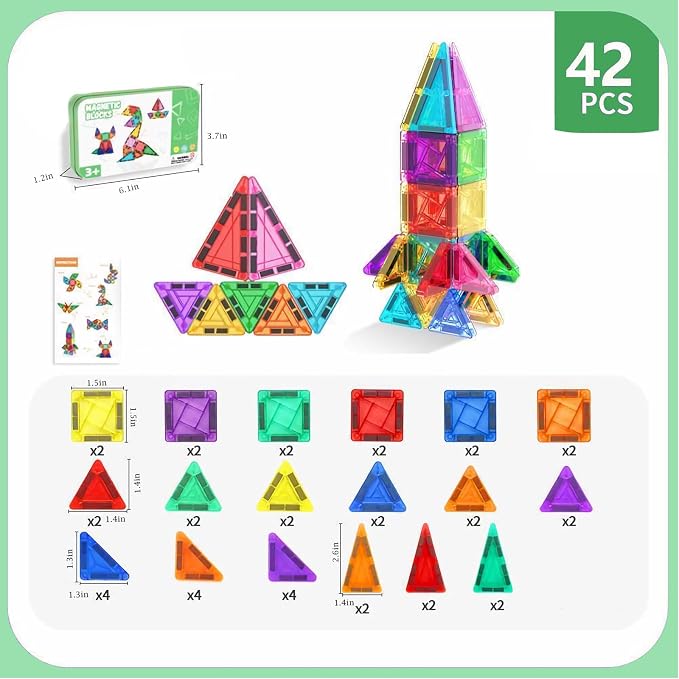 42PCS Mini Magnetic Tiles Building Blocks Set with Portable Iron Case, STEM Travel Toys for Kids Ages 3+, Educational Magnet Construction Puzzles for Boys and Girls,Toddler Puzzle Birthday Gift Toys
