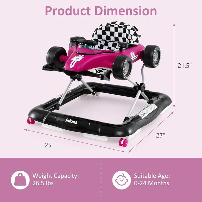 INFANS 4 in 1 Baby Walker, Foldable Toddler Activity Center with Adjustable Height, Padded Seat, Music, Light, Removable Tray, Push Walker for Girls Boys Aged 6-18 Months (Violet)