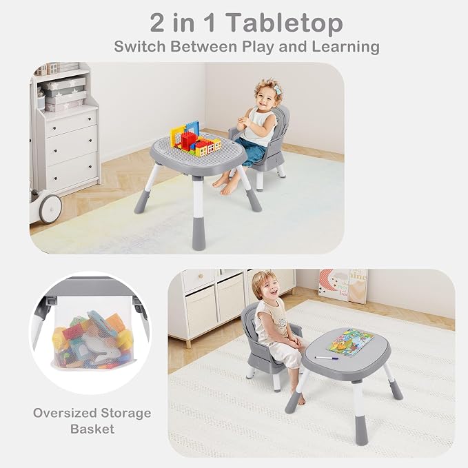 INFANS 9 in 1 High Chair, Convertible Baby Highchair for Babies and Toddlers, Table and Chair Set Building Block Infant Dining Booster Seat, Kids Stool with Activity Children Play Kitchen (Grey)