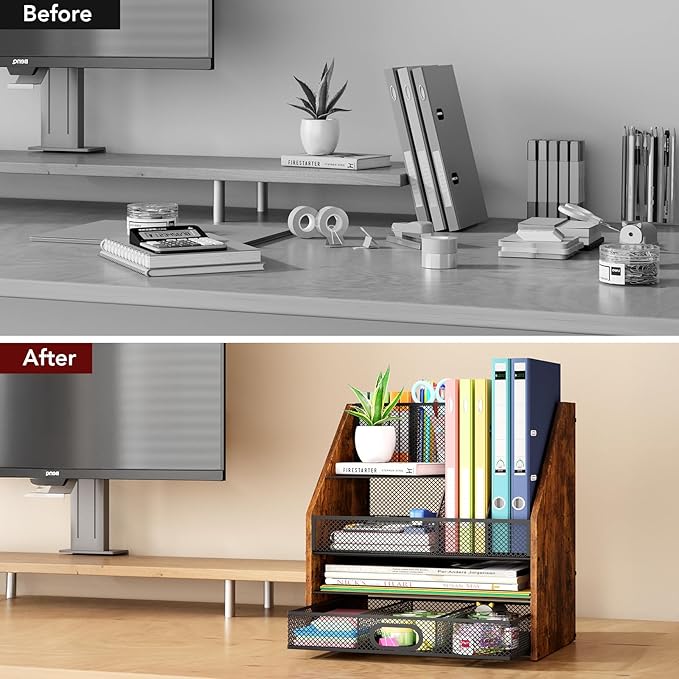 Wooden Desk Organizer - Mesh File Organizer with Drawers and Pen Holder - 4-Tier Vertical Paper Letter Storage Tray, Desktop Organizers and Accessories for Home Office
