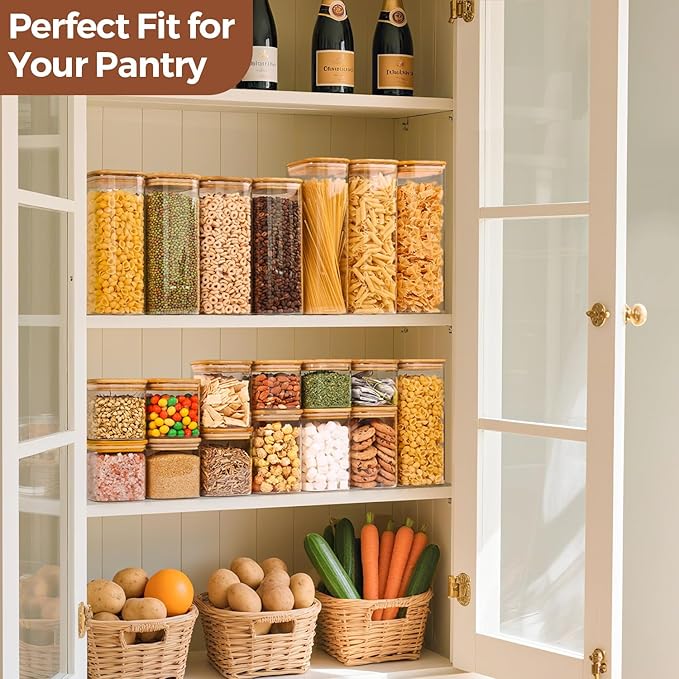 ComSaf 0.8 Qt Glass Food Storage Jars Set of 6, Clear Storage Containers with Airtight Lids, Pantry Organization Jar, Spice Jar, Blooming Tea, Oat, Coffee and Sugar Container, Canister Set for Kitchen