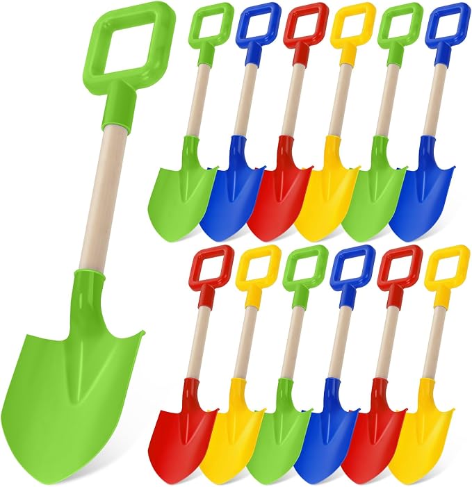 Honoson 12 Pack 16 Long Beach Spades Sand Shovels Toys Gardening Tools Sets Sandbox Sturdy Scoop Durable Wood Handle ABS Plastic Spade for Garden Sand Snow Backyard Summer Favors (Bright Color)