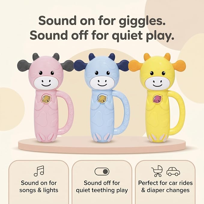 MooMoo Baby Musical Toy, 4‑in‑1 Light‑Up Sensory Toy & Teether for 3–24 Month Babies, BPA‑Free with Easy‑Grip Handle, Cute Cow‑Shaped Travel Toy for Car Seat & Stroller (Blue)