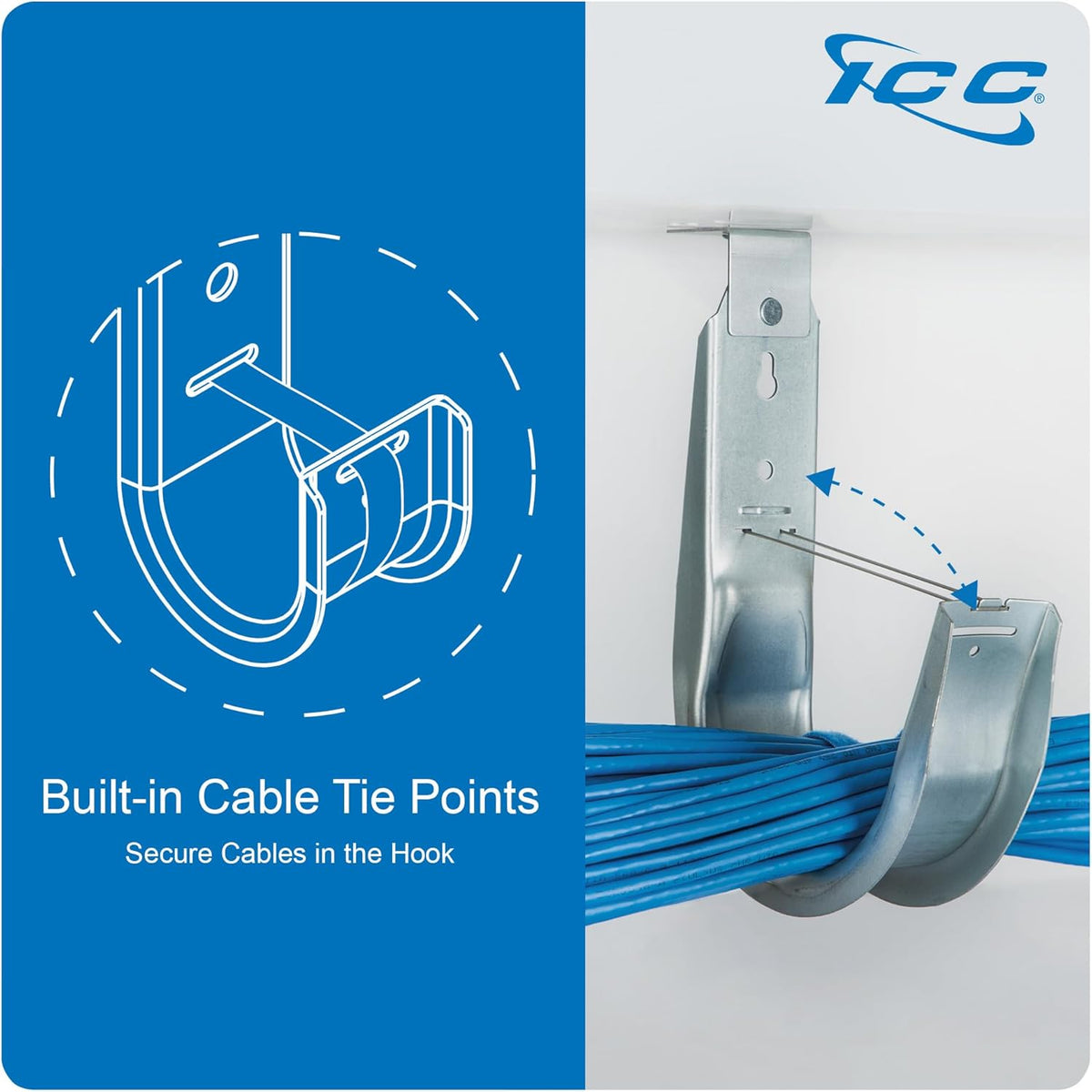 ICC Ceiling Mount J Hook 1 5/16” Without Retainer Clip – Galvanized Steel Cable Management Hooks for Hanging Cable - Rust-Resistant, EIA and TIA Compliant - 1 5/16 Inch 25 Pack
