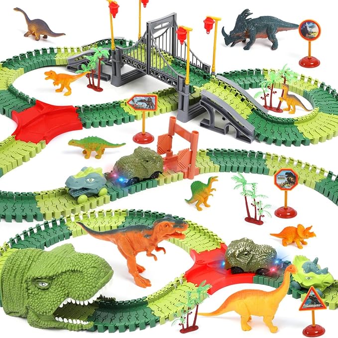 FUNBUD Dinosaur Race Track Toys for Kids - Birthday Gifts for Boys Age 3 4 5 6 7 Year Old, Flexible Race Cars Track Playset with Lights, 280+ PCS Creative