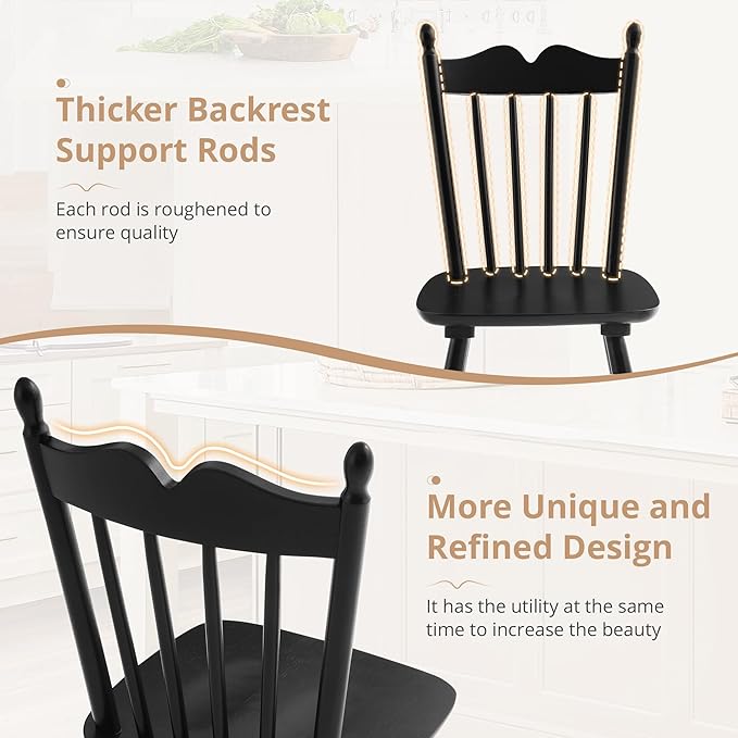 LUE BONA Black Dining Chairs Set of 4, Windsor Wooden Dining Chair with Thickened Backrest, Morden and Mid Century Kitchen Chairs for Dining Room Farmhouse, Weight Capacity 350 lbs
