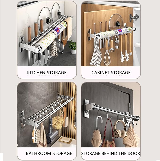 Hanging Wall Mount knife Wall Mount, Kitchen Organizer Storage Shelf for Utensils Spatula Spoon, Space-Saving Knife Rack with Hooks,Wall-Mounted Utensil Holder (Grey, 60CM+Single Pole+10Hooks)