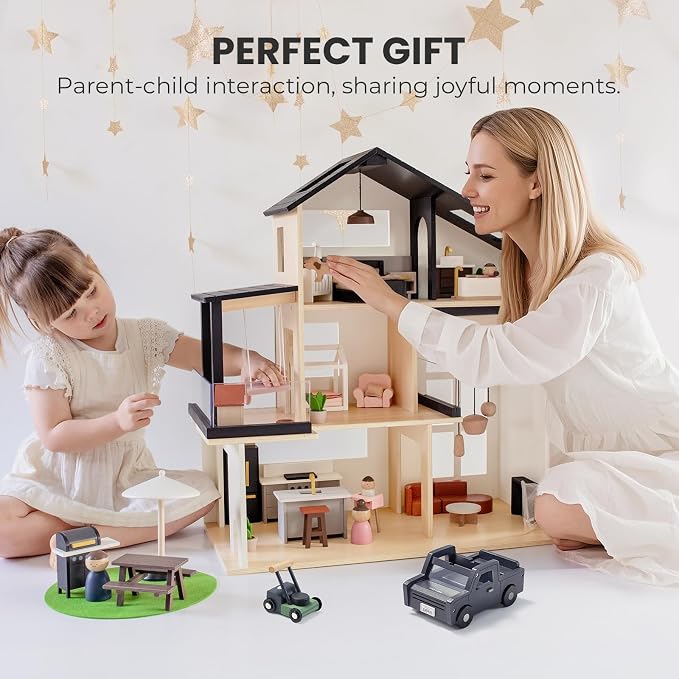 Tiny Land Modern Family Dollhouse & Wooden Dollhouse Garage Toy Set