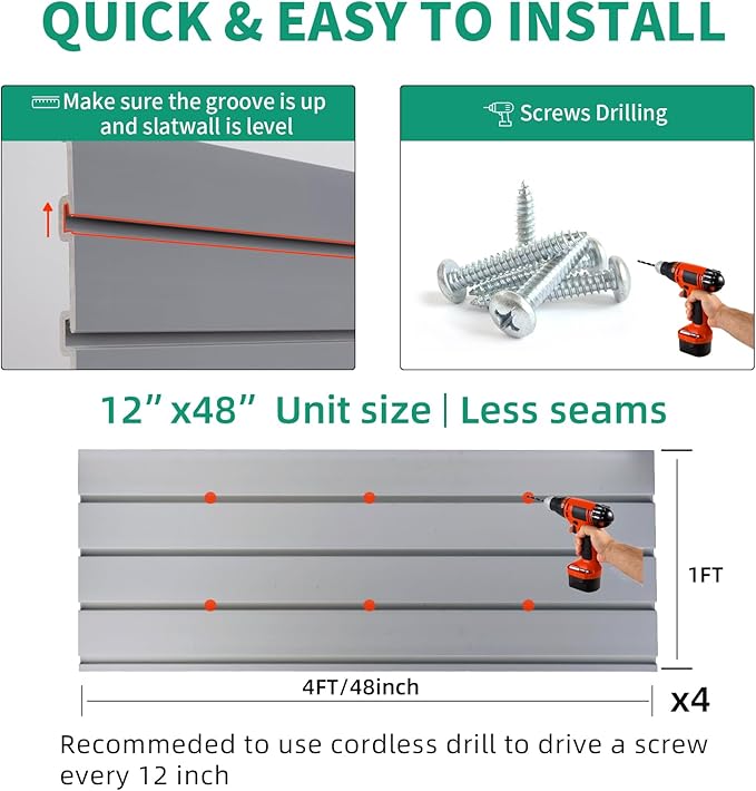 Slat Wall Paneling Garage Slat Wall Storage Systems, Slatwall Panels 4x4 ft Garage Tool Organizer Wall Mount, PVC Wall Panels Garage Wall Organizer Grey Slatwall Wall Panels for Interior Wall Decor