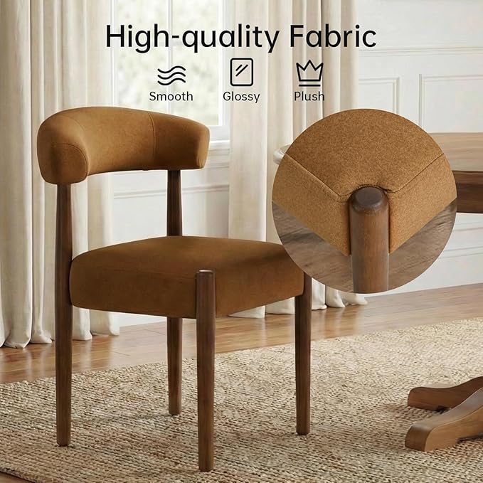 VKNOW Wooden Dining Chairs Set of 2, Modern Upholstered Dining Room Chairs with Walnut Wood Legs and Curved Backrest, Fabric Kitchen Chairs for Farmhouse/Living Room/Dining Room, Orange
