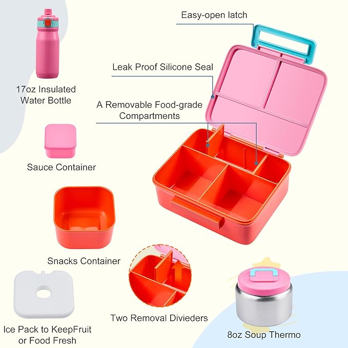 MAISON HUIS Bento Box for Kids with 8oz Soup Thermo, Leak-proof Lunch Food Containers with 5 Compartment, Insulated Lunch Bag & 17oz Stainless Steel Water Bottle for School, Trvael