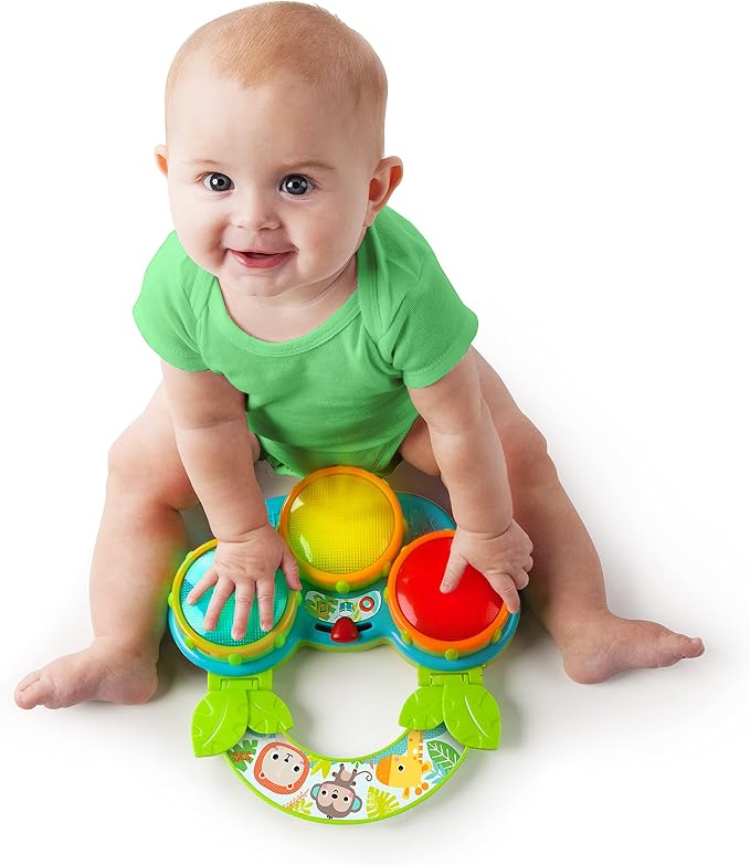 Bright Starts Safari Sounds Gift Set, 2-PK Baby Toys for On the Go, Musical Drum Toy and Car Keys Toy with Car Sounds, Unisex Jungle Theme, 3-6 Months and Up