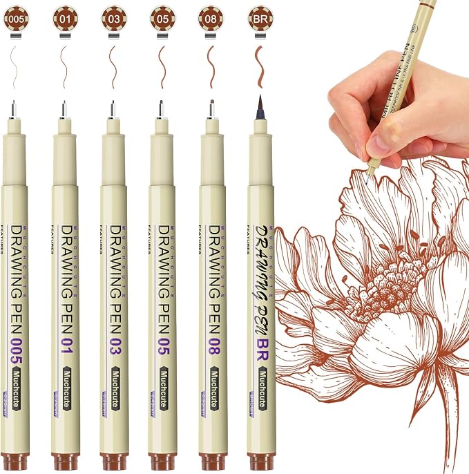 Muchcute Micro Fineliner Drawing Art Pens: 6 Sepia Fine Line Waterproof Ink Set Artist Supplies Brown Archival Inking Marker Liner Sketch Outline Manga Anime Gifts Sketching Watercolor Zentangle Stuff