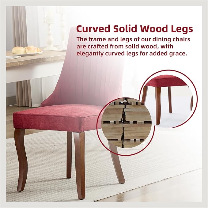 Linen Dining Chairs Set of 6，Fabric Channel Tufted Kitchen Chairs, Upholstered Accent Chairs with Curved Solid Wood Legs, Comfortable Dining Chair for Dining Room, (Burgundy, 6pc)