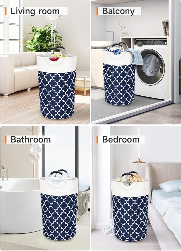 Large Laundry Basket Laundry Hamper Bag Washing Bin Clothes Bag Collapsible Tall with Handles Waterproof Travel Bathroom College Essentials Storage for College Dorm, Family (Blue) 82L