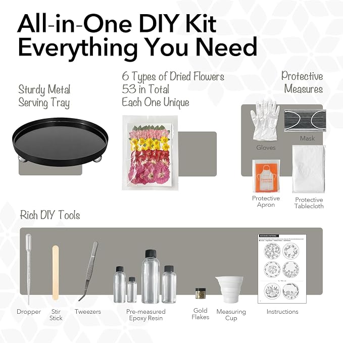 Auraeve All-in-One Resin Tray Craft Kit for Adults, Black-Basic, 9.8" | 55Pcs Real Flowers, 10OZ Epoxy Resin, Metal Tray, Gift for Craft Lovers, Trinket Organizer, Décor