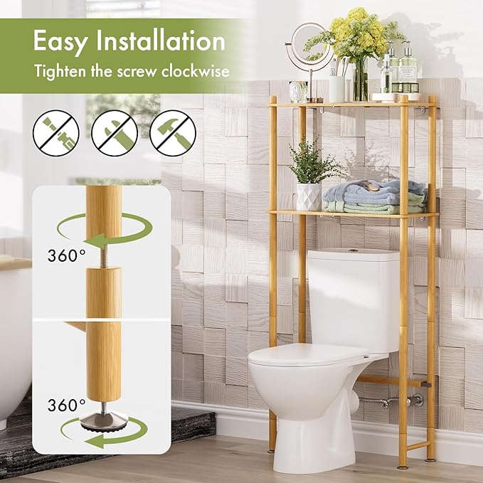 AmazerBath Bamboo Over The Toilet Storage Shelf, 2-Tier Over Toilet Organizer Rack, Freestanding Above Toilet Shelf for Bathroom, Laundry, Space Saver, Natural Color