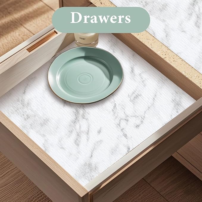 Drawer and Shelf Liner for Kitchen Cabinet: 17.3 in X 39.37Ft Non Slip Waterproof Shelf Paper Non Adhesive Refrigerator Liners White Marble Easy Liners for Bathroom with Knife Tape Measure