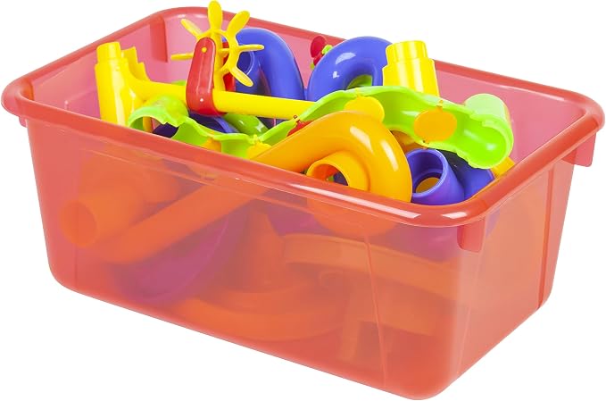 Storex Small Cubby Bins – Plastic Storage Containers for Classroom with Non-Snap Lid, 12.2 x 7.8 x 5.1 inches, Tint Red, 5-Pack (62481A05C)