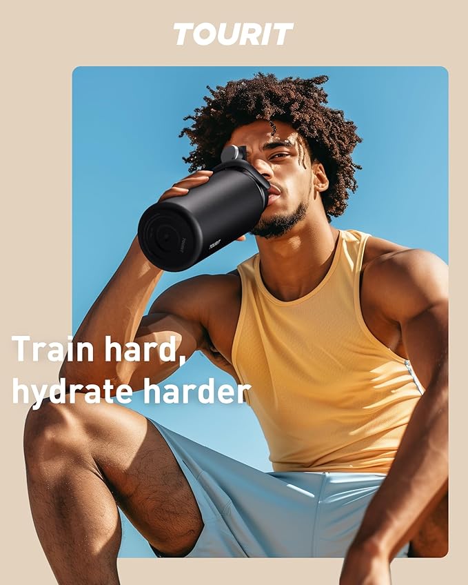 TOURIT 32 oz Insulated Water Bottle, Stainless Steel Sports Water Bottles With Top Handle, Double-Wall Travel Thermal Water Flask, BPA Free Leakproof Water Bottle for Sports and Travel (Obsidian)