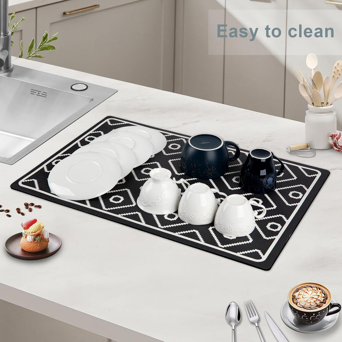 SUEH DESIGN Dish Drying Mat, Absorbent Coffee Mat 19.6 x 11.8 in Quick Dry Kitchen Drying Dish Drain Mat for Kitchen Counter Coffee Bar, Black