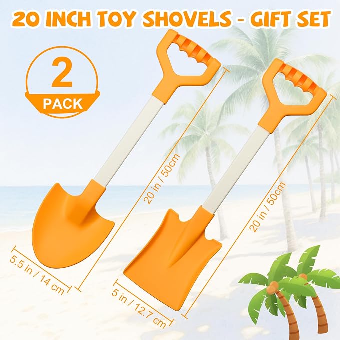 20” Long Sand Beach Shovels for Kids Heavy Duty Plastic Summer Sand Scoops Spades Toy Sandbox Garden Snow Digging Play Gift Set Party Bundle 2 Pack Orange
