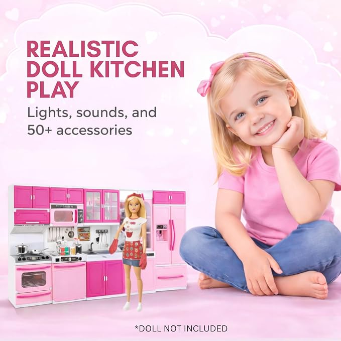 Doll Kitchen Playset for Kids, My Modern Mini Kitchen House Furniture Pretend Play Toy Accessories Set with Realistic Lights & Sounds for Toddlers, Girls (5-in-1 Kitchen Set)