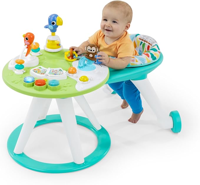 Bright Starts Around We Go 2-in-1 Baby Walker, Discovery Activity Center and Table, Tropic Cool, Ages 6 Months+