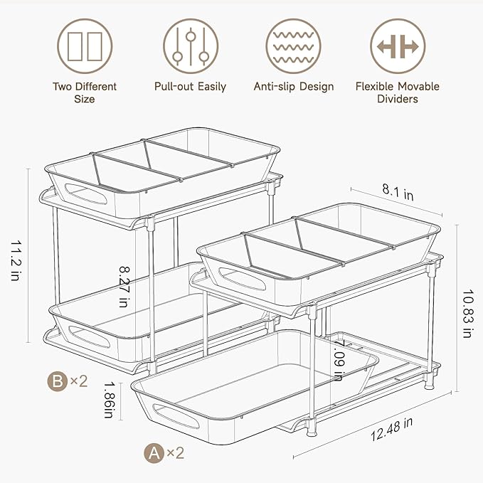 Under Sink Organizer, Bathroom Organizers and Storage, 2 Tier Multi-Use Pull Out Cabinet Organizer with Hang Hooks and Cups (transparent, 4 Pack)