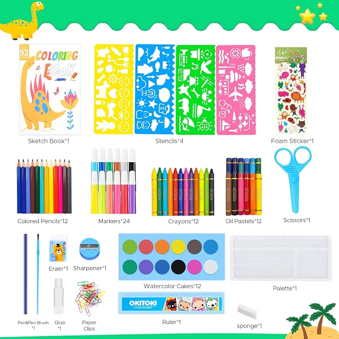 homicozy Art Supplies, Dinosaur Drawing & Coloring Set with Crayons, Colored Pencils, Markers, Sketchbook, Watercolor Cakes, Stencils, Arts and Crafts Painting Kit for Kids Ages 4-10, Girls Boys Gift