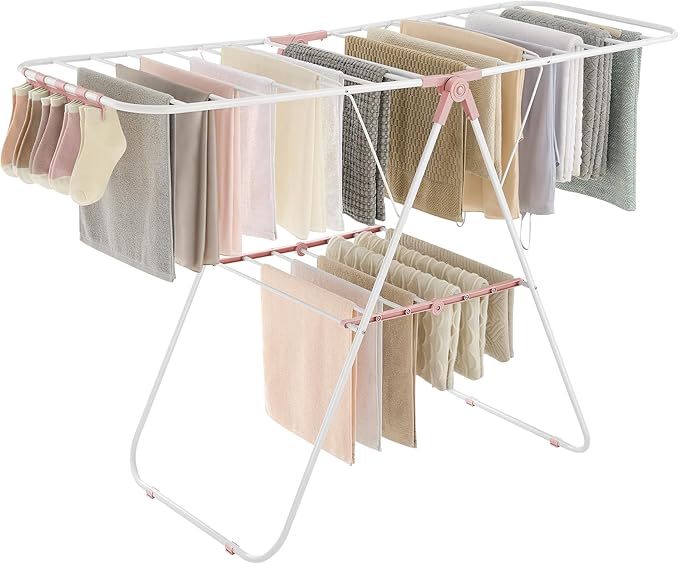 SONGMICS Clothes Drying Rack, with Sock Clips, Metal Laundry Rack, Foldable, Space-Saving, Free-Standing Airer, with 2 Height-Adjustable Gullwings, Indoor Outdoor Use, White and Pink ULLR052P01
