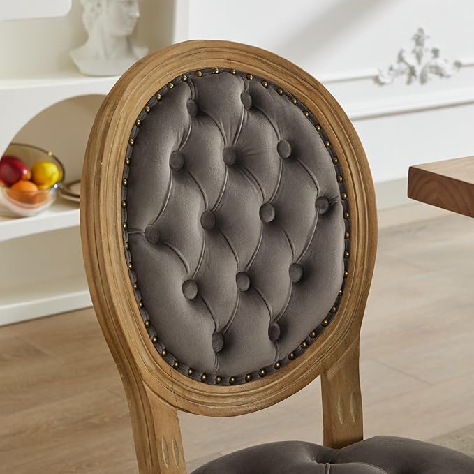 French Country Dining Chairs Set of 4,Farmhouse Upholstered Dining Room Chairs with Tufted Round Back&Solid Leg,Velvet Kitchen Side Chairs for Kitchen/Bedroom/Dining Room,Gray