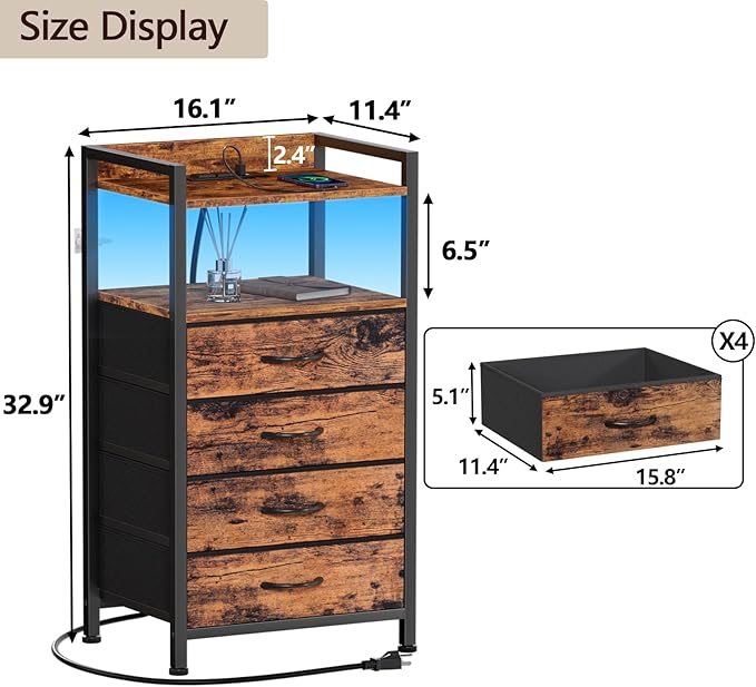 Furnulem Night Stand with Charging Station and Led Light, 4 Drawer Dresser for Bedroom, Small Nightstand Bedside Table, Fabric Bins, Metal Frame, Wood Shelf, Side Furniture(Rustic Brown)