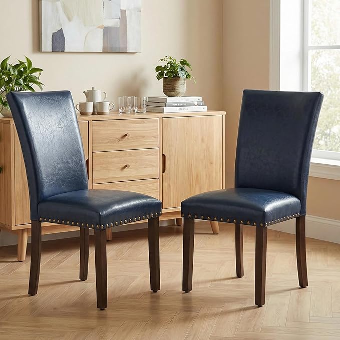 Furniliving Upholstered Dining Chairs Set of 2 - PU Leather Modern Farmhouse Kitchen Chairs, High-Back Dining Room Chairs with Wooden Legs for Kitchen Dining Room Living Room.Blue